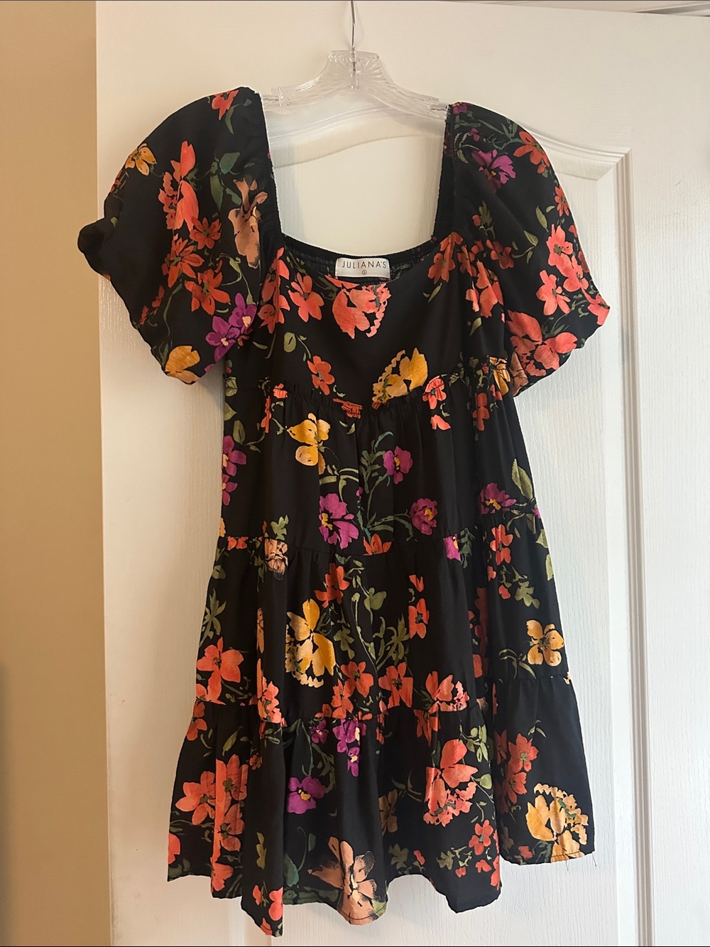 Black Floral Mini Dress with Puff Sleeves